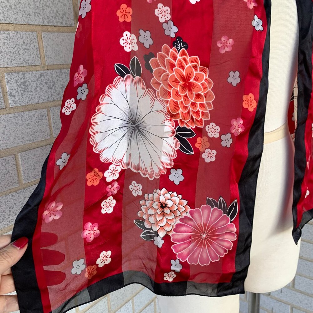 RED FLORAL OBLONG CHERRY BLOSSOMS SCARF 100% SILK ORIENTAL - Picture 2 of 5